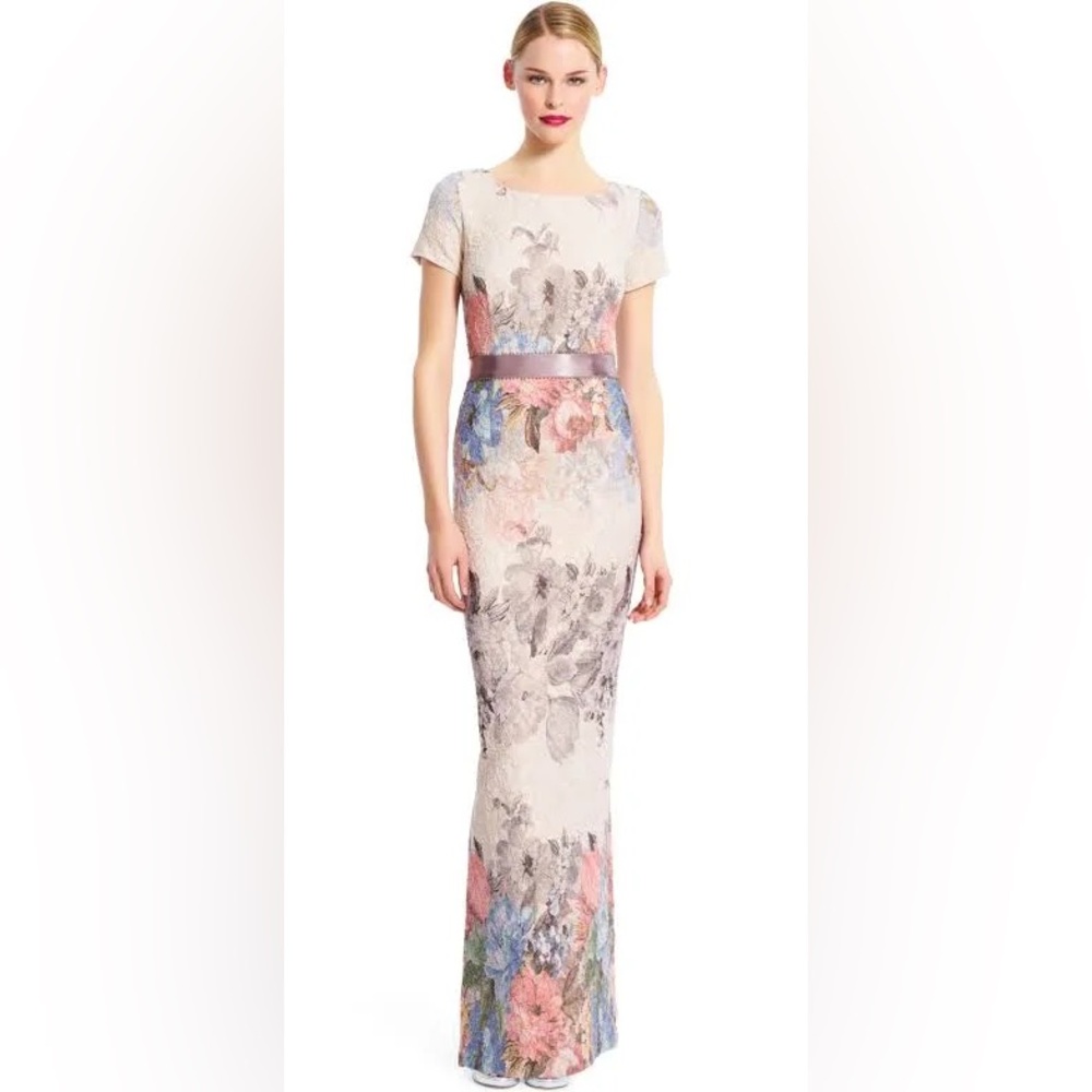 Adrianna Papell Floral Matelassé Column Gown Champagne Multi Size 8 NWT